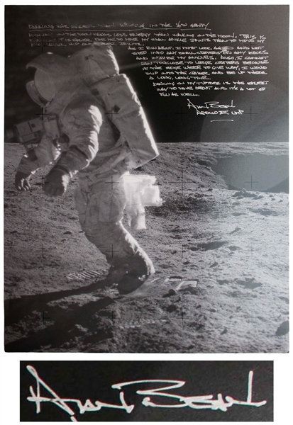 Alan Bean Signed 16'' x 20'' Lunar Photo With Fantastic Handwritten Detail on Exploring the Moon -- ''...if the edge were to give way, I would slip into the crater and be up there a long, long...